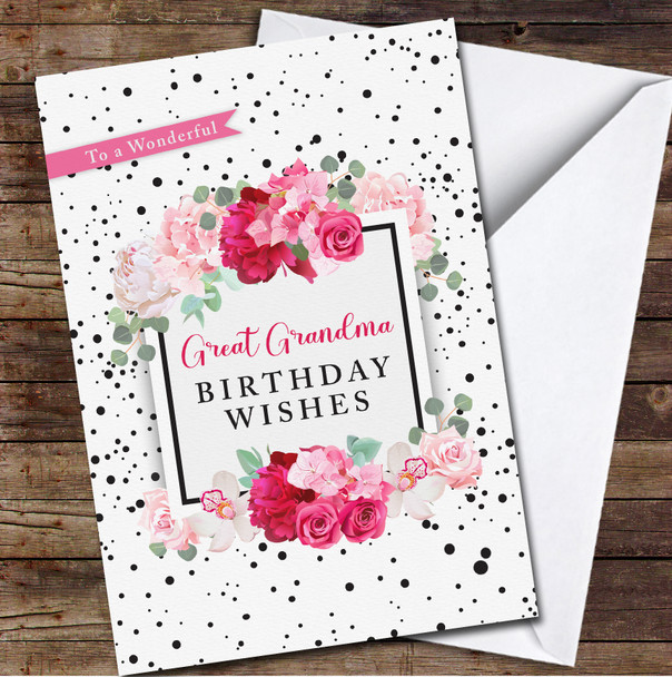 Great Grandma Pink Roses Black Dots Any Text Personalised Birthday Card
