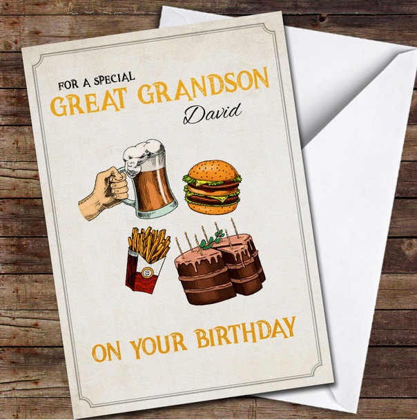 Great Grandson Retro Style Burger Beer Fries And Cake Any Text Birthday Card