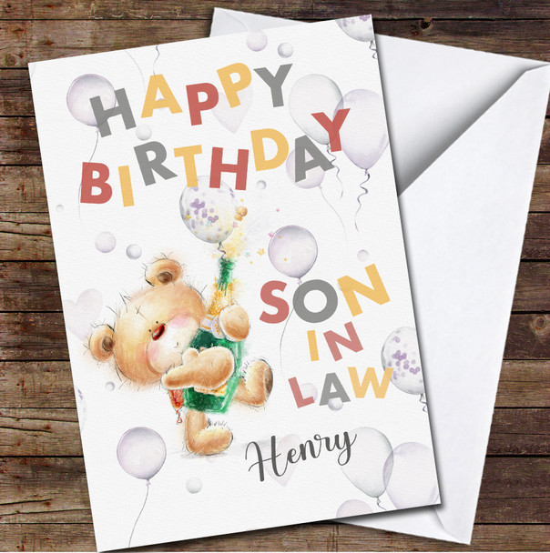 Son In Law Cute Teddy Bear Holding Champagne Any Text Personalised Birthday Card