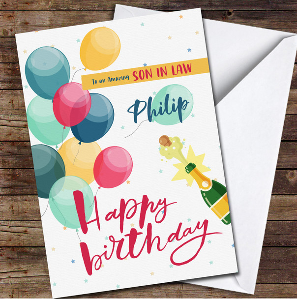 Son In Law Flying Balloons And Champagne Any Text Personalised Birthday Card