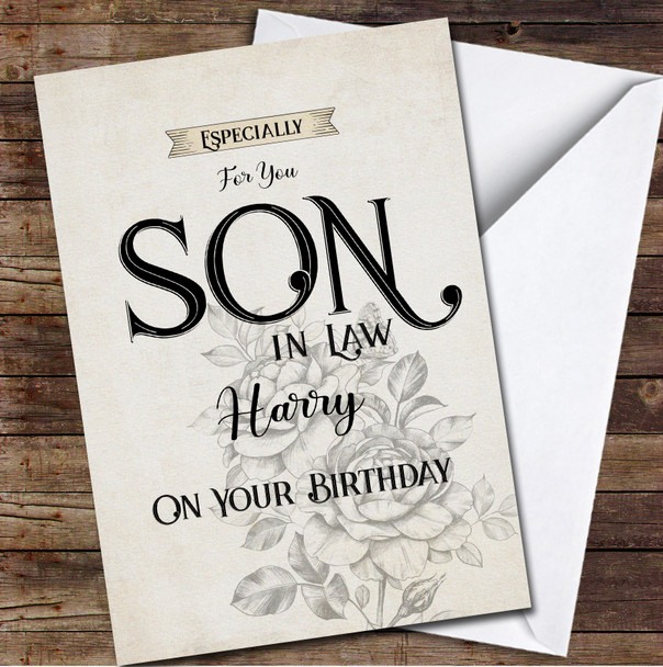 Son In Law Retro Roses Any Text Personalised Birthday Card