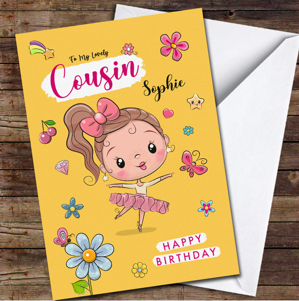 Cousin Brown Hair Cute Little Ballerina Any Text Personalised Birthday Card
