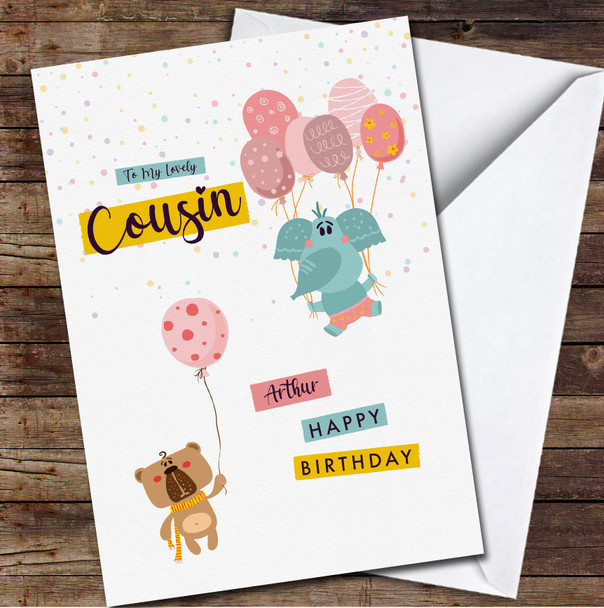 Cousin Cute Bear And Elephant Flying Balloons Any Text Birthday Card
