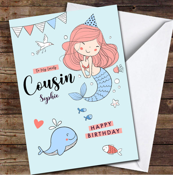 Cousin Cute Party Mermaid Any Text Personalised Birthday Card