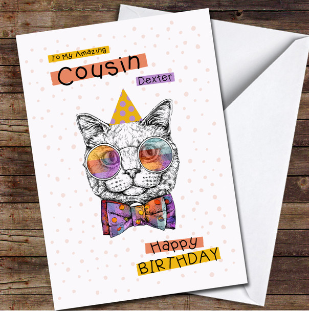 Cousin Funny Cat With Party Hat Any Text Personalised Birthday Card