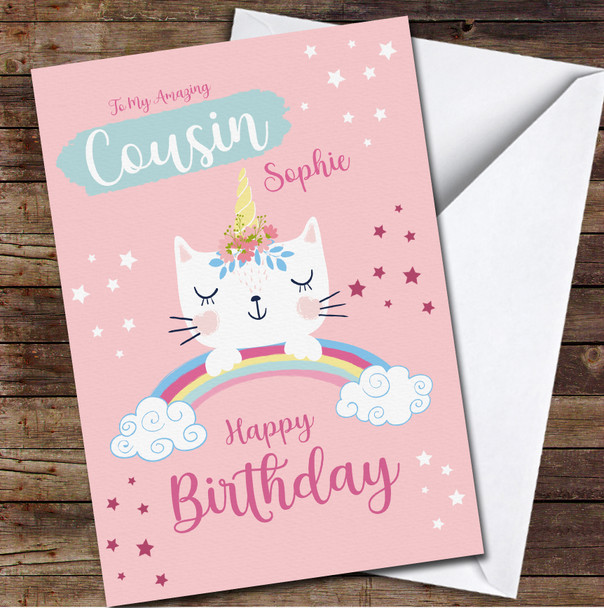 Cousin Unicorn Cat With Rainbow Any Text Personalised Birthday Card