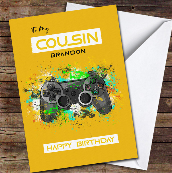 Cousin Yellow Background Game Controller Paint Splash Any Text Birthday Card