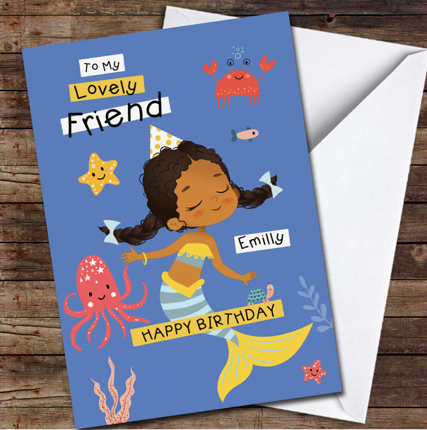 Friend Cute Dark Skin Mermaid With Party Hat Any Text Personalised Birthday Card