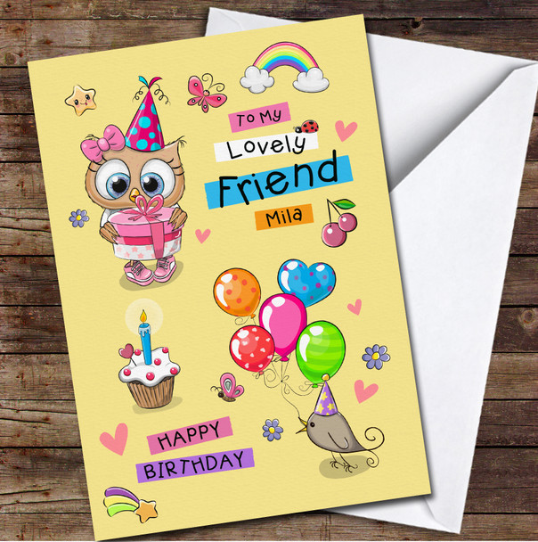 Friend Cute Owl And Bird With Balloons Any Text Personalised Birthday Card