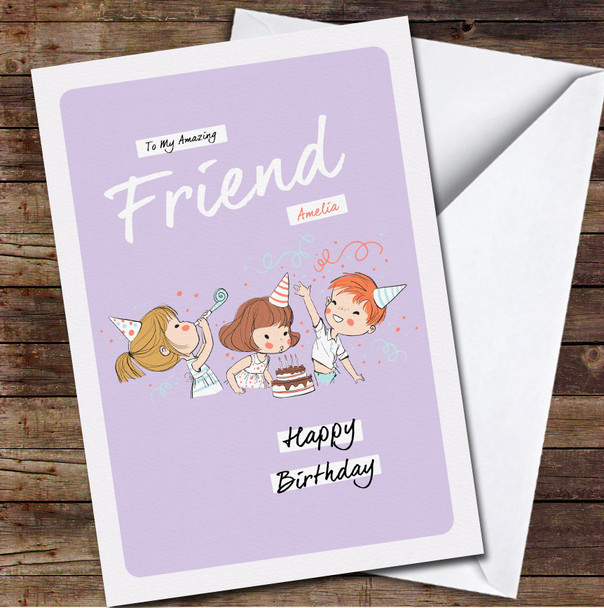 Friend Happy Group Of Children Party Any Text Personalised Birthday Card