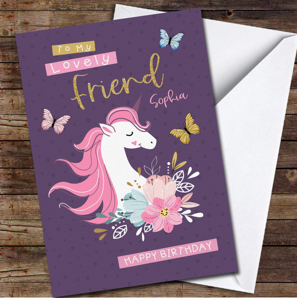 Friend Unicorn With Butterflies Any Text Personalised Birthday Card