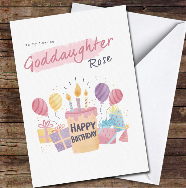 Goddaughter Cake With Balloons And Presents Any Text Personalised Birthday Card