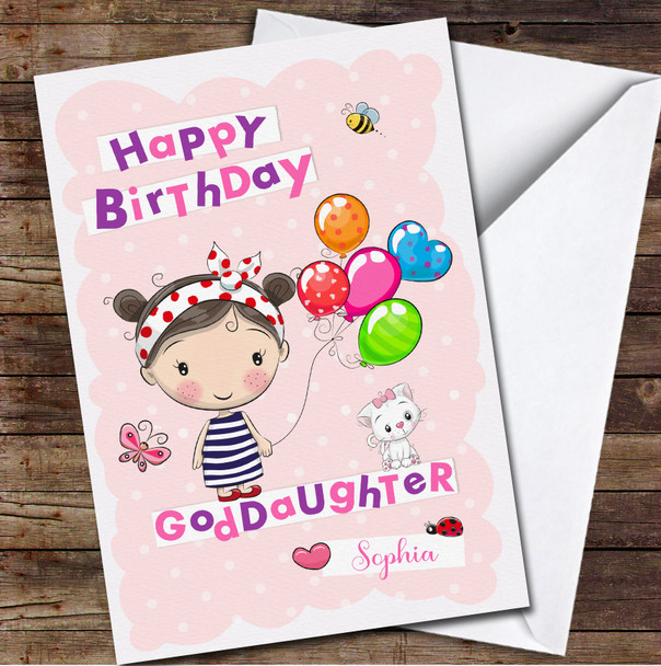 Goddaughter Cute Brown Hair Girl Holding Balloons Any Text Birthday Card