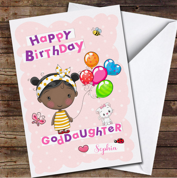 Goddaughter Cute Dark Skin Girl Holding Balloons Any Text Birthday Card