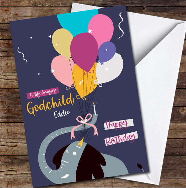 Godson Funny Elephant With Balloons Any Text Personalised Birthday Card