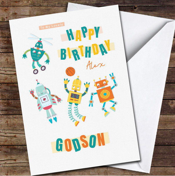 Godson Funny Robots Any Text Personalised Birthday Card