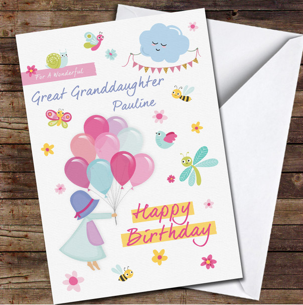 Great Granddaughter Flying Girl With Balloons Any Text Birthday Card