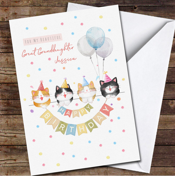 Great Granddaughter Watercolour Funny Cats Wearing Party Hats Birthday Card