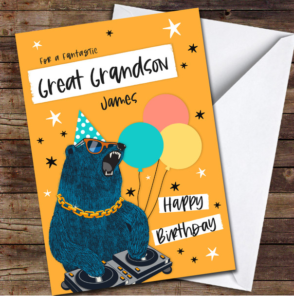 Great Grandson Funny DJ Bear With Balloons Any Text Personalised Birthday Card