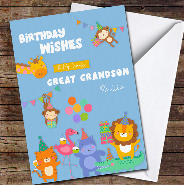 Great Grandson Funny Jungle Party Animals Any Text Personalised Birthday Card