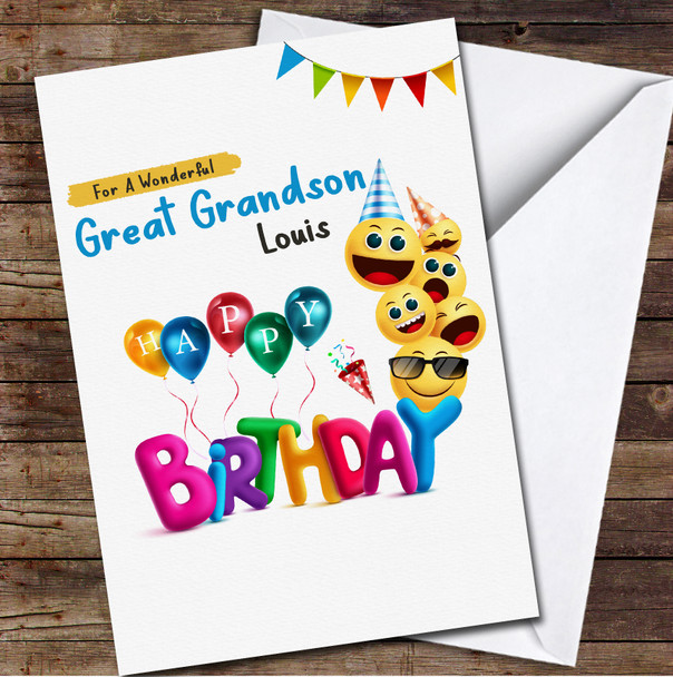 Great Grandson Funny Party Emojis Any Text Personalised Birthday Card