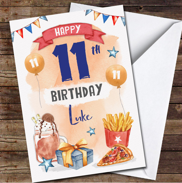 11th Boy Male Pizza Milkshake Food Party Gift Any Age Personalised Birthday Card