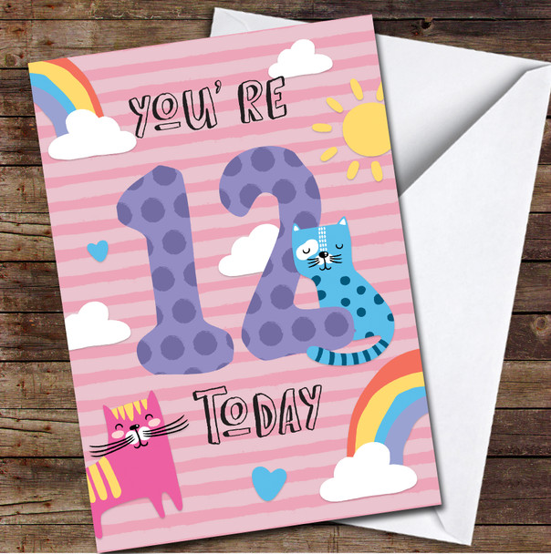 12th You're 12 Today Girl Cat Kitty 12th Any Age Personalised Birthday Card