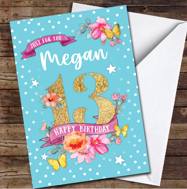 13th Girl Female Flowers Butterfly Turquoise Pink Any Age Birthday Card