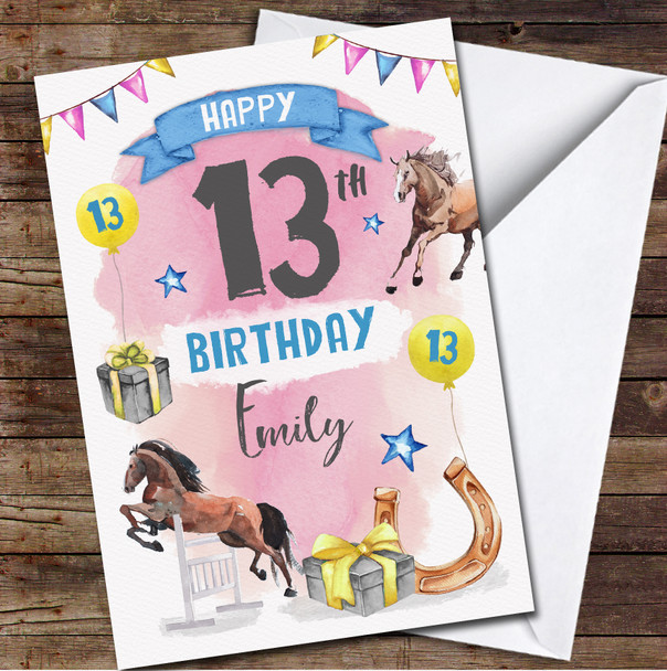 13th Girl Pink Horse Riding Animal Lover Any Age Personalised Birthday Card