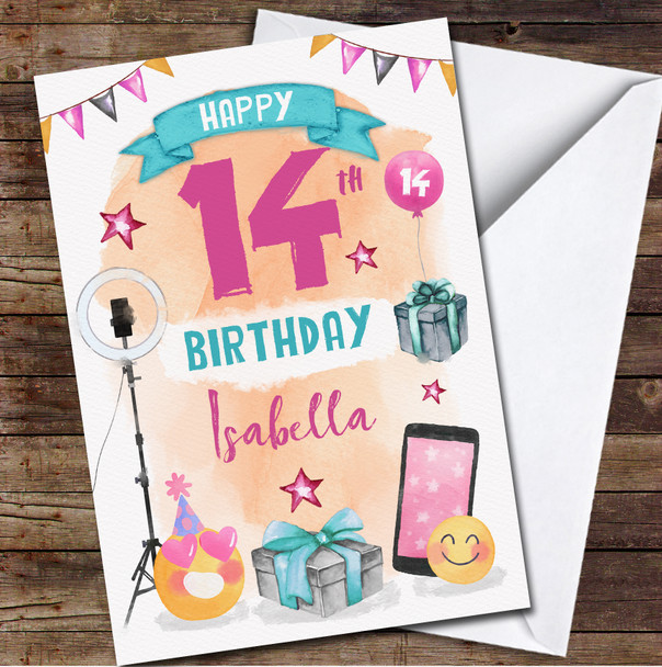 14th Girl Phone Tech Online Selfie Emoji Any Age Personalised Birthday Card