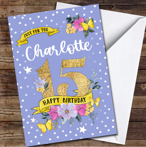 15th Girl Female Flowers Butterfly Purple Any Age Personalised Birthday Card