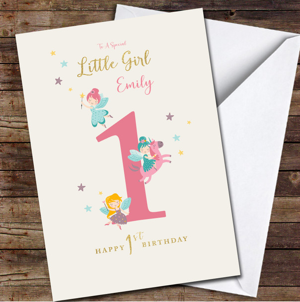 1st Baby Girl Fairies With Magic Wands And Unicorn Any Age Birthday Card