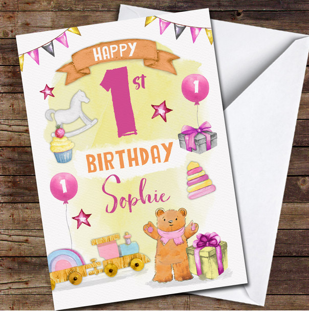1st Girl Baby Toys Gift Pink Yellow Any Age Personalised Birthday Card