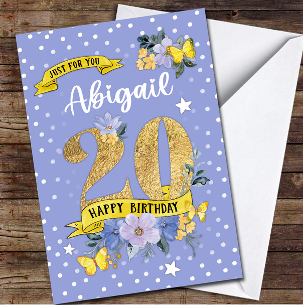 20th Female Flowers Butterfly Purple Any Age Personalised Birthday Card
