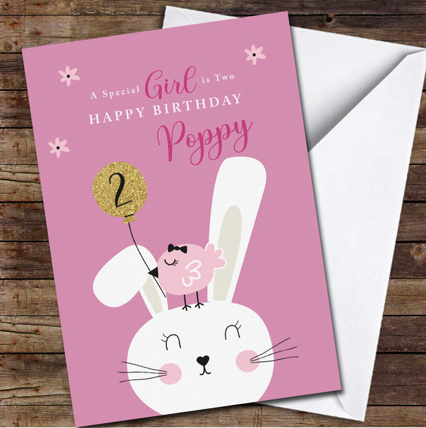 2nd Girl Cute Bunny With Bird Any Age Personalised Birthday Card