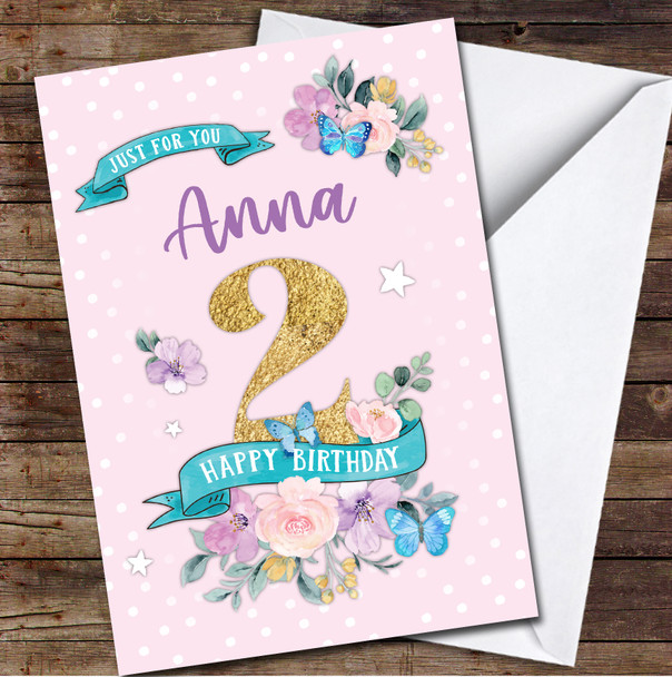 2nd Girl Female Flowers Butterfly Pink Any Age Personalised Birthday Card