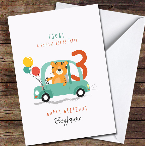 3rd Boy Cute Tiger Driving A Car Any Age Personalised Birthday Card