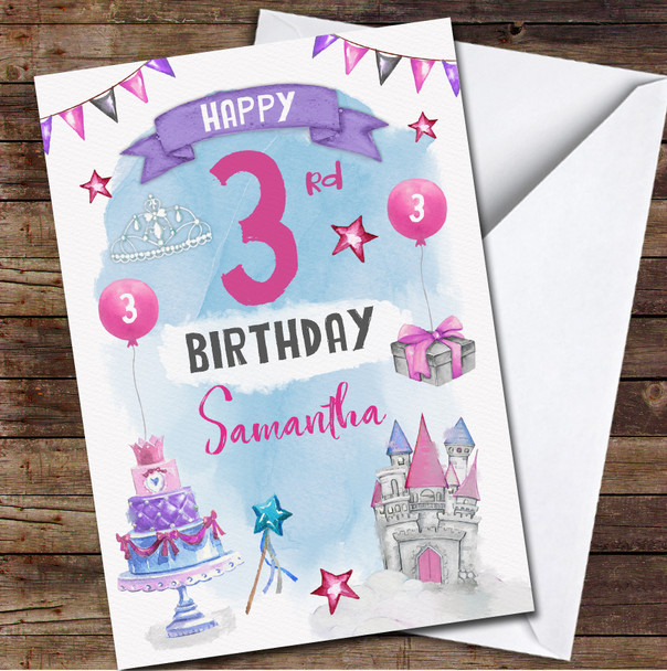 3rd Girl Female Princess Pink Castle Crown Any Age Personalised Birthday Card