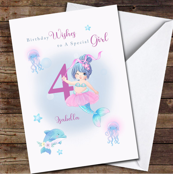 4th Girl Cute Mermaid Girl Any Age Personalised Birthday Card