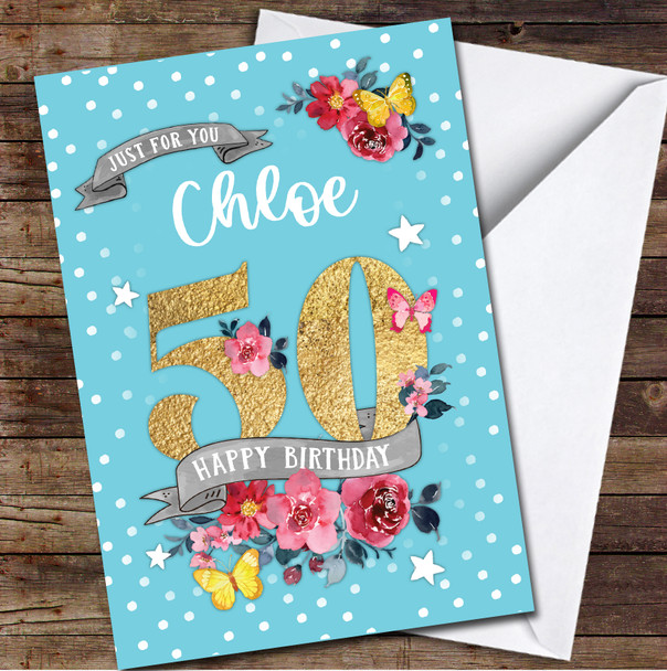 50th Female Flowers Butterfly Turquoise Any Age Personalised Birthday Card