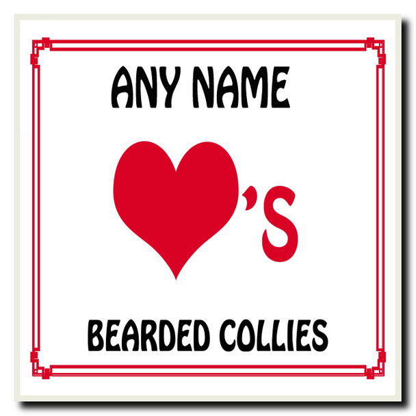Love Heart Bearded Collies Personalised Coaster