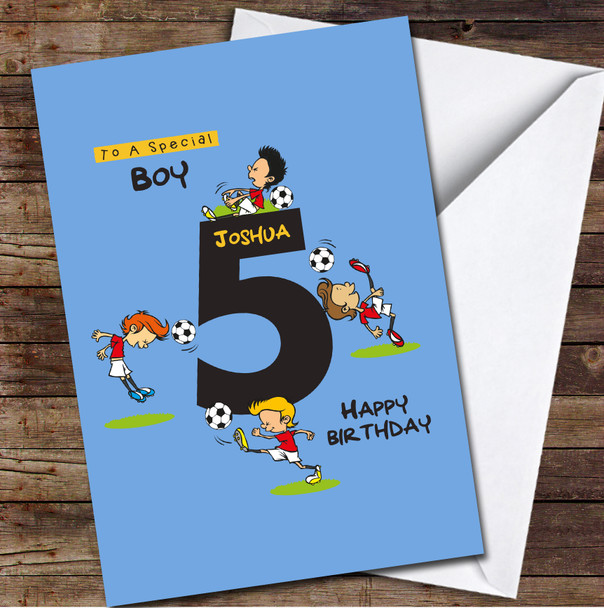 5th Boy Funny Kids Playing Football Any Age Personalised Birthday Card