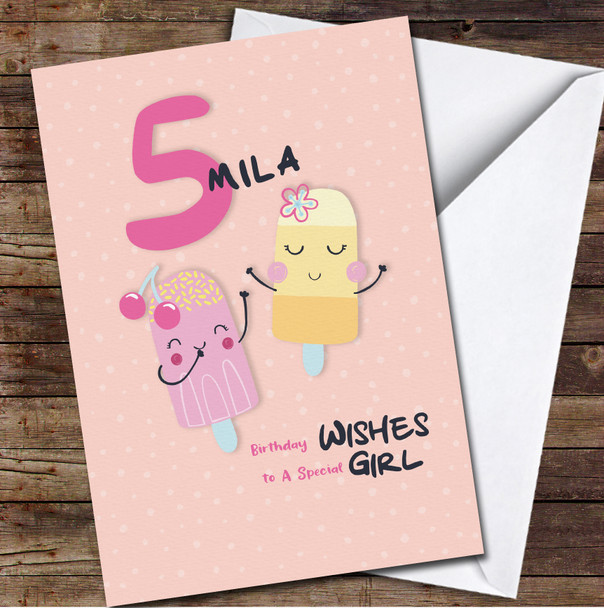 5th Girl Cute Ice Cream Any Age Personalised Birthday Card