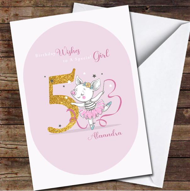5th Girl Gold Five Cute Piggy Ballerina Any Age Personalised Birthday Card