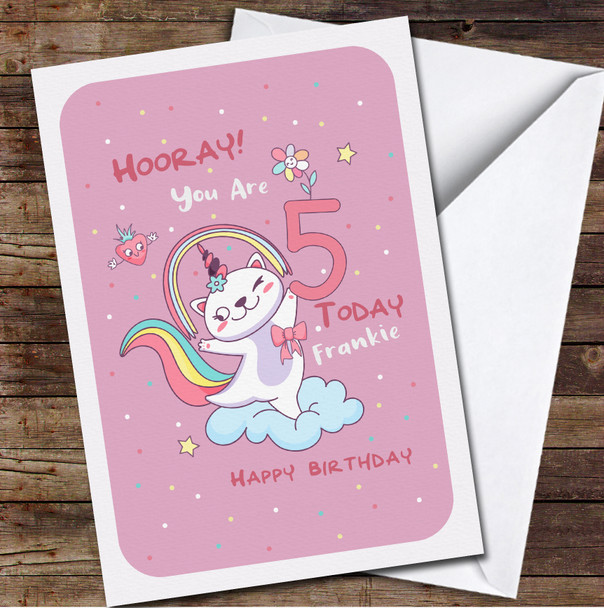 5th Girl Happy Unicorn Cat Any Age Personalised Birthday Card