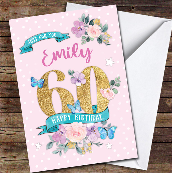 60th Female Flowers Butterfly Pink Any Age Personalised Birthday Card