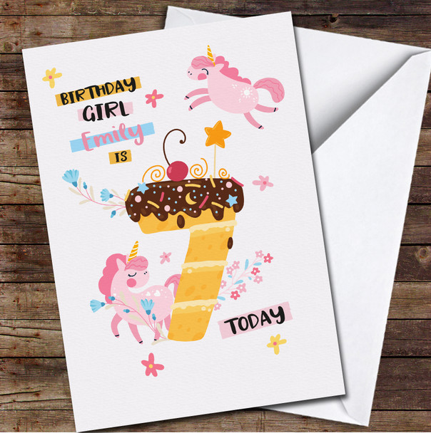 7th Girl Cake In Shape Of Number Seven With Unicorns Any Age Birthday Card