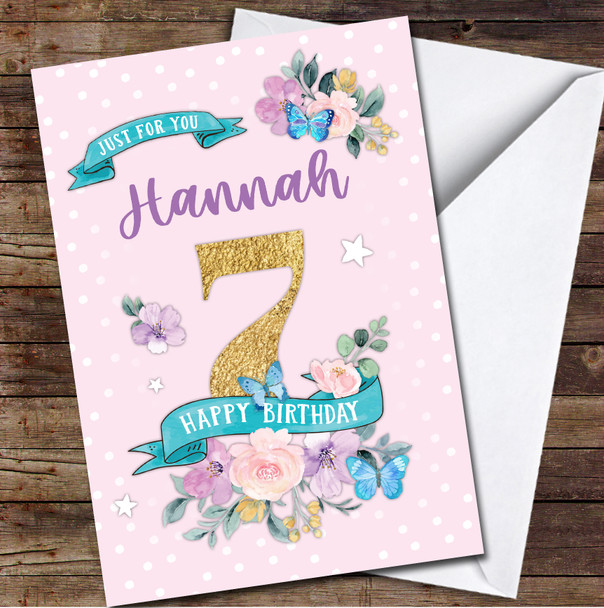 7th Girl Female Flowers Butterfly Pink Any Age Personalised Birthday Card
