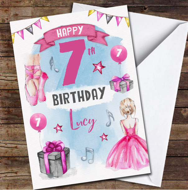 7th Girl Pink Female Ballerina Dancing Ballet Any Age Personalised Birthday Card