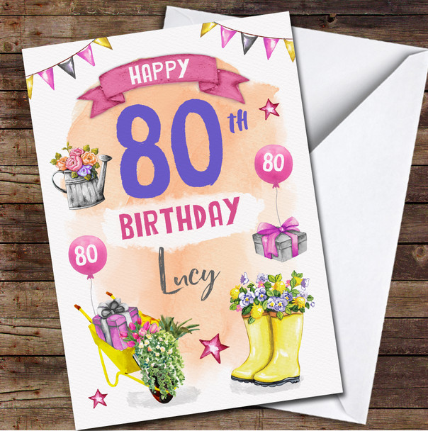 80th Girl Female Garden Nature Wellies Any Age Personalised Birthday Card
